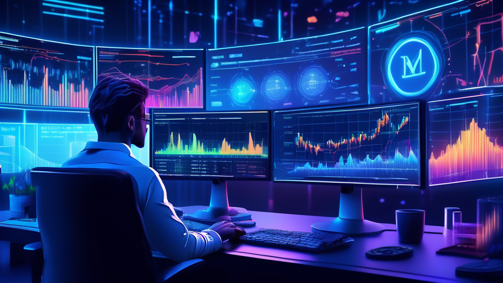 Create an image depicting a digital trading workspace with multiple computer monitors displaying a variety of colorful cryptocurrency charts and graphs, su