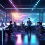 Create an image that depicts a futuristic and dynamic cryptocurrency trading environment. The scene showcases a diverse group of savvy investors engaged in