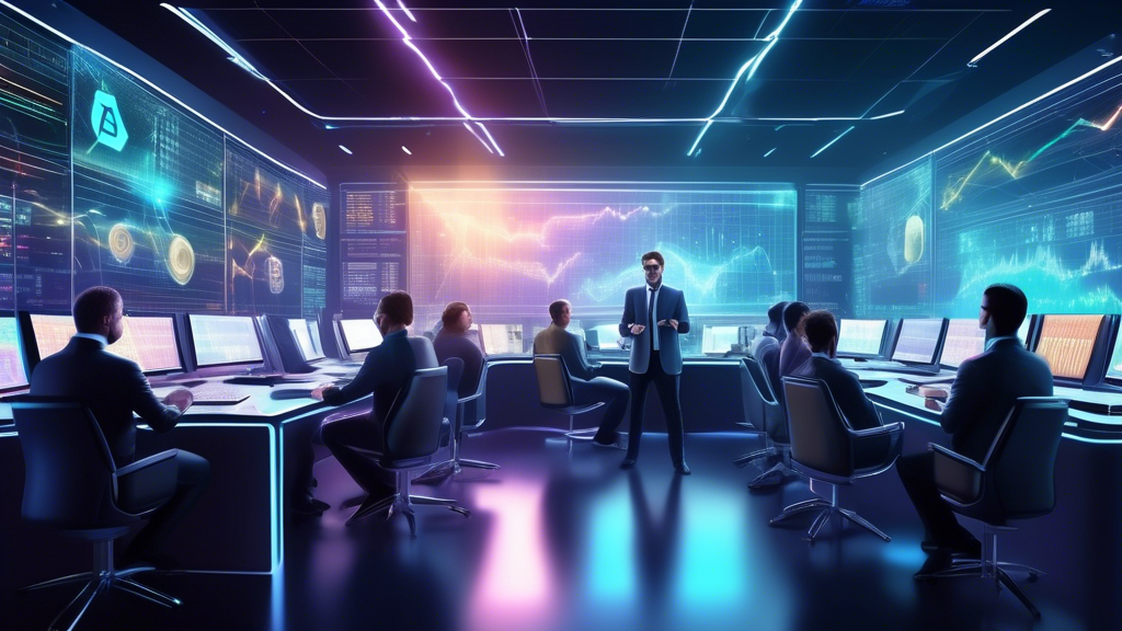 Create an image that depicts a futuristic and dynamic cryptocurrency trading environment. The scene showcases a diverse group of savvy investors engaged in