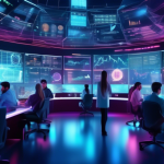 Create an image illustrating a futuristic digital trading room filled with diverse traders intensely analyzing various crypto charts and graphs on large ho