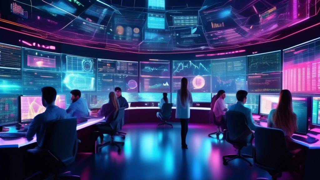 Create an image illustrating a futuristic digital trading room filled with diverse traders intensely analyzing various crypto charts and graphs on large ho