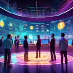 Create an image of a futuristic digital marketplace bustling with traders, all deeply engaged with virtual holographic screens displaying real-time cryptoc