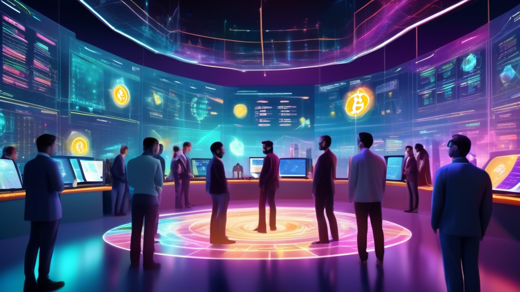 Create an image of a futuristic digital marketplace bustling with traders, all deeply engaged with virtual holographic screens displaying real-time cryptoc