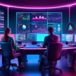 Create an image of a futuristic digital control room filled with multiple holographic screens displaying various cryptocurrency trading charts, graphs, and