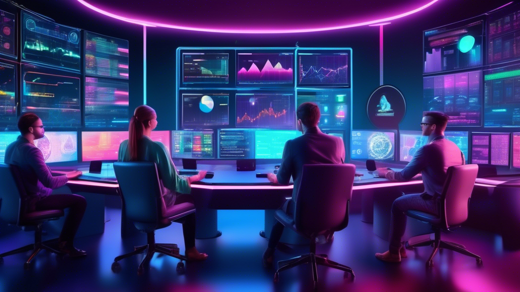 Create an image of a futuristic digital control room filled with multiple holographic screens displaying various cryptocurrency trading charts, graphs, and