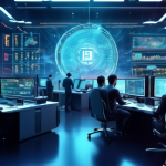 Create an image of a futuristic, high-tech trading room where skilled professionals are engaged in cryptocurrency trading. The room is filled with large, h