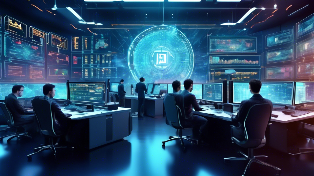 Create an image of a futuristic, high-tech trading room where skilled professionals are engaged in cryptocurrency trading. The room is filled with large, h