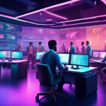 Create an illustration of a futuristic trading desk in a high-tech office with multiple digital screens displaying real-time crypto trading charts and sign