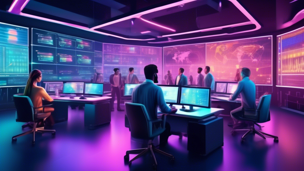 Create an illustration of a futuristic trading desk in a high-tech office with multiple digital screens displaying real-time crypto trading charts and sign