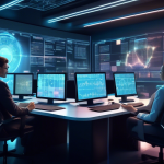 Create an image of a futuristic trading room filled with sleek, high-tech computer stations, each showcasing digital charts and graphs representing various