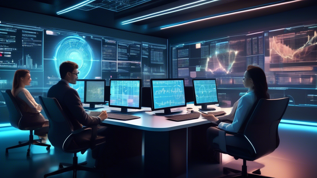 Create an image of a futuristic trading room filled with sleek, high-tech computer stations, each showcasing digital charts and graphs representing various