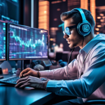 Create an image of a financial trader, sitting at a futuristic workstation filled with multiple holographic screens displaying crypto trading strategies an