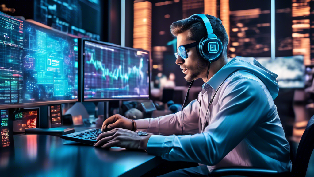 Create an image of a financial trader, sitting at a futuristic workstation filled with multiple holographic screens displaying crypto trading strategies an