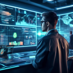 Create an image of a futuristic trading room filled with advanced digital screens and holograms displaying various cryptocurrency trends and data. In the c