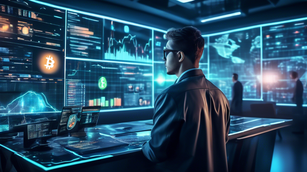 Create an image of a futuristic trading room filled with advanced digital screens and holograms displaying various cryptocurrency trends and data. In the c