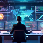 A futuristic digital art scene showing a trader in a high-tech office setting, surrounded by screens displaying various cryptocurrencies and charts. The tr