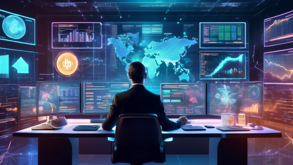 A futuristic digital art scene showing a trader in a high-tech office setting, surrounded by screens displaying various cryptocurrencies and charts. The tr