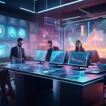 Create an image of a futuristic trading office interior with state-of-the-art holographic displays and digital charts showing fluctuating cryptocurrency va