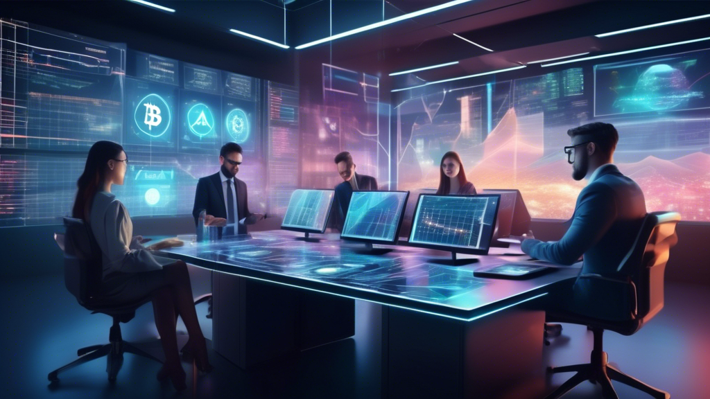 Create an image of a futuristic trading office interior with state-of-the-art holographic displays and digital charts showing fluctuating cryptocurrency va