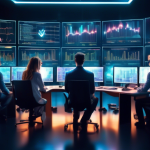 A sophisticated and futuristic digital trading room filled with holographic charts and screens displaying various cryptocurrencies, such as Bitcoin and Eth