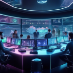 Create an image of a futuristic digital trading desk, where a diverse group of traders are analyzing holographic cryptocurrency charts and data streams. Th