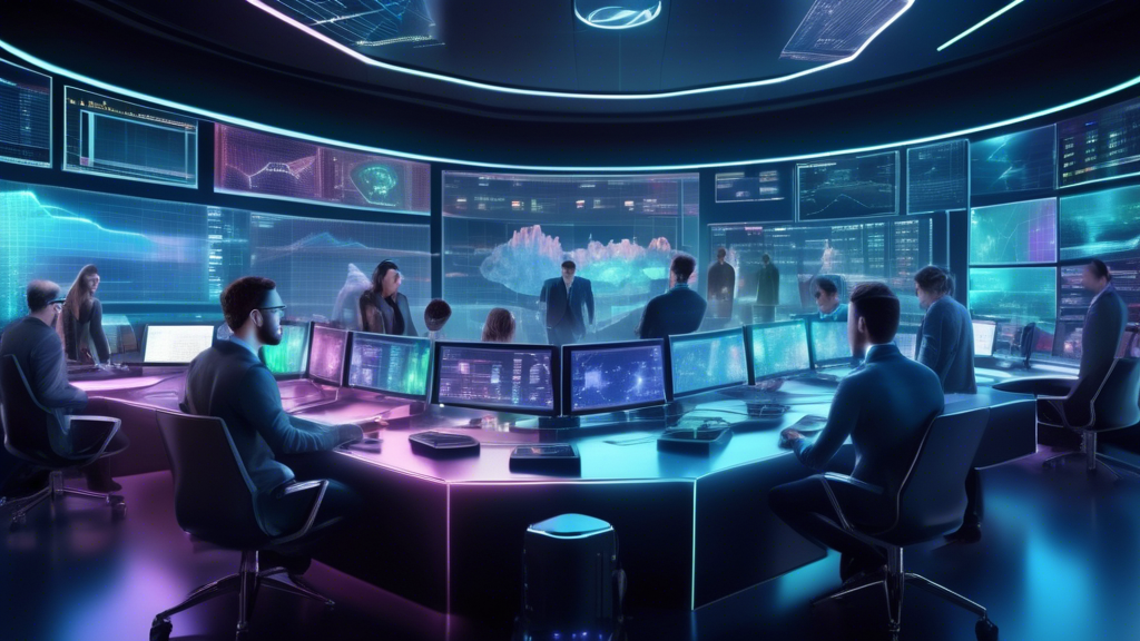 Create an image of a futuristic digital trading desk, where a diverse group of traders are analyzing holographic cryptocurrency charts and data streams. Th