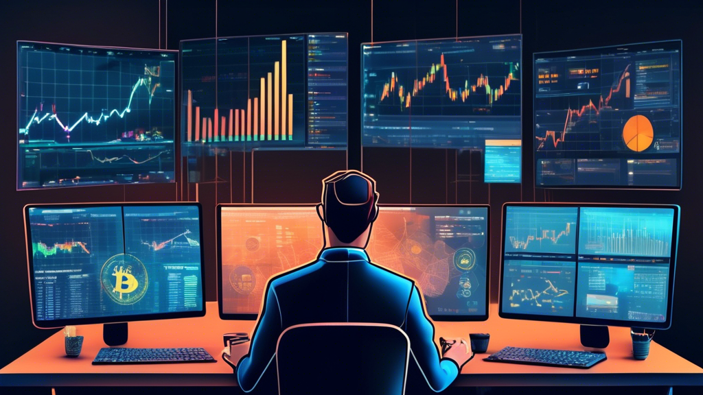 Create an image that visually represents different crypto trading strategies. The image should feature a split-screen design with three sections. On the le