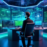 A futuristic digital trading room filled with holographic screens displaying various cryptocurrency charts and graphs. In the center, a confident trader, s