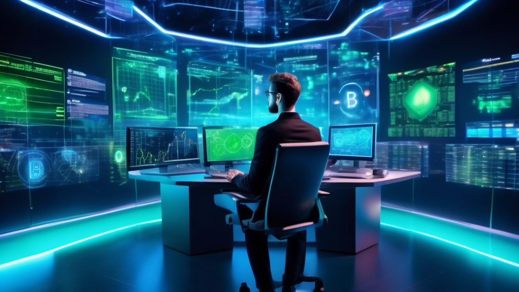 A futuristic digital trading room filled with holographic screens displaying various cryptocurrency charts and graphs. In the center, a confident trader, s