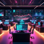 Create an image of a futuristic digital trading floor with multiple large screens displaying real-time cryptocurrency market data. Traders equipped with ad