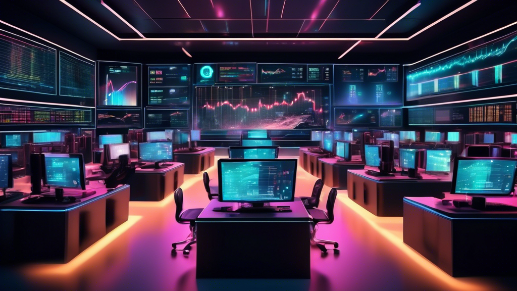 Create an image of a futuristic digital trading floor with multiple large screens displaying real-time cryptocurrency market data. Traders equipped with ad