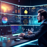 Create an image that illustrates the concept of mastering crypto trading. The scene should depict a futuristic digital landscape with a professional trader