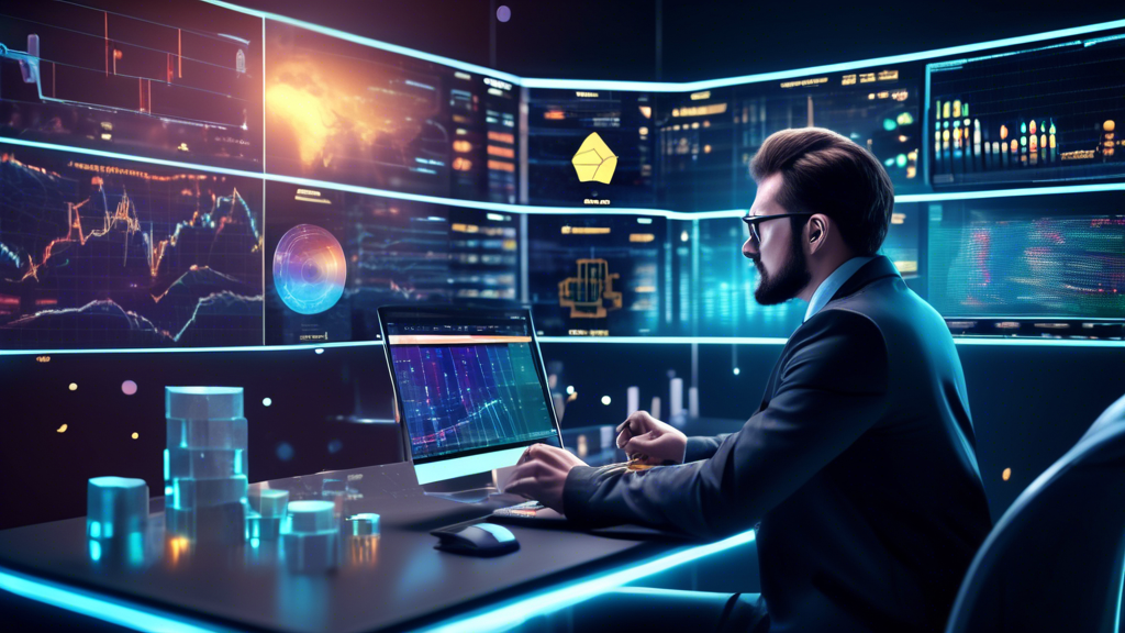 Create an image that illustrates the concept of mastering crypto trading. The scene should depict a futuristic digital landscape with a professional trader