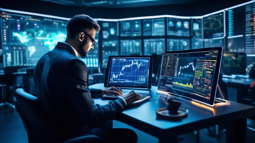 Create an image of a futuristic trading room filled with advanced technology and holographic displays showing cryptocurrency charts and data. In the center