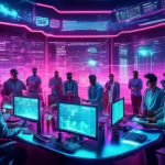 Create an image of a futuristic financial trading room with large digital screens displaying complex crypto trading strategies and glowing blockchain symbo