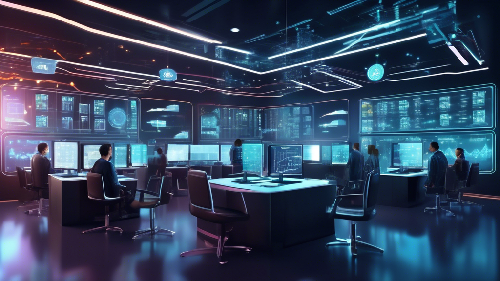 Create an image depicting a futuristic trading floor where digital screens display cryptocurrency graphs and data. The room has a high-tech ambiance, with