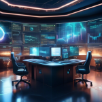 Create an image depicting a futuristic trading desk, adorned with multiple digital screens displaying complex cryptocurrency charts and data. In the backgr