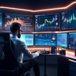 A futuristic digital landscape with a professional trader analyzing multiple screens displaying crypto charts and graphs. The screens exhibit various tradi