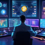 Create an image depicting a futuristic digital trading room filled with holographic screens displaying various cryptocurrencies, graphs, and trading charts