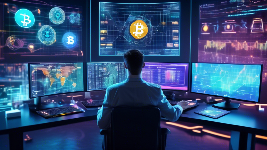 Create an image depicting a futuristic digital trading room filled with holographic screens displaying various cryptocurrencies, graphs, and trading charts