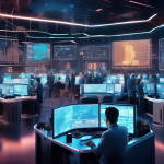 Create a visually striking image of a futuristic trading floor where people and AI are interacting seamlessly. The floor is buzzing with high-tech gadgets,