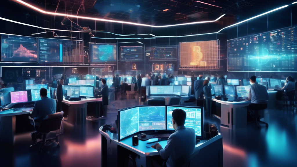 Create a visually striking image of a futuristic trading floor where people and AI are interacting seamlessly. The floor is buzzing with high-tech gadgets,