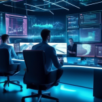 An image of a futuristic command center with multiple holographic screens displaying real-time cryptocurrency market data, charts, and 3D graphs. In the ce