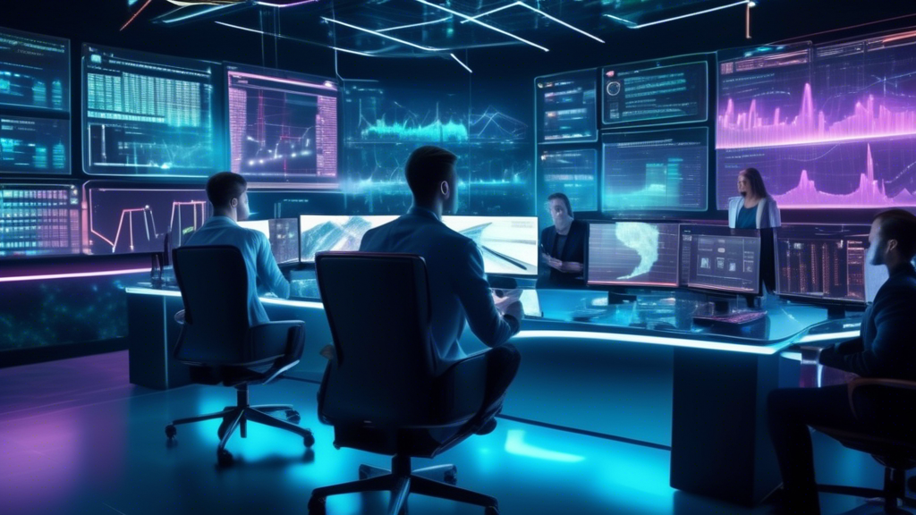 An image of a futuristic command center with multiple holographic screens displaying real-time cryptocurrency market data, charts, and 3D graphs. In the ce