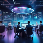 Create an image of a futuristic digital trading room filled with holographic displays showing cryptocurrency charts and data analytics. In the center, a di