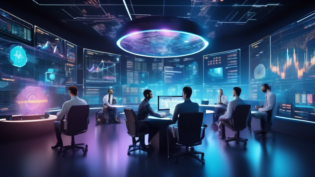 Create an image of a futuristic digital trading room filled with holographic displays showing cryptocurrency charts and data analytics. In the center, a di