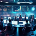 Create an image of a futuristic stock market trading room filled with high-tech holographic screens displaying various cryptocurrency charts and data analy