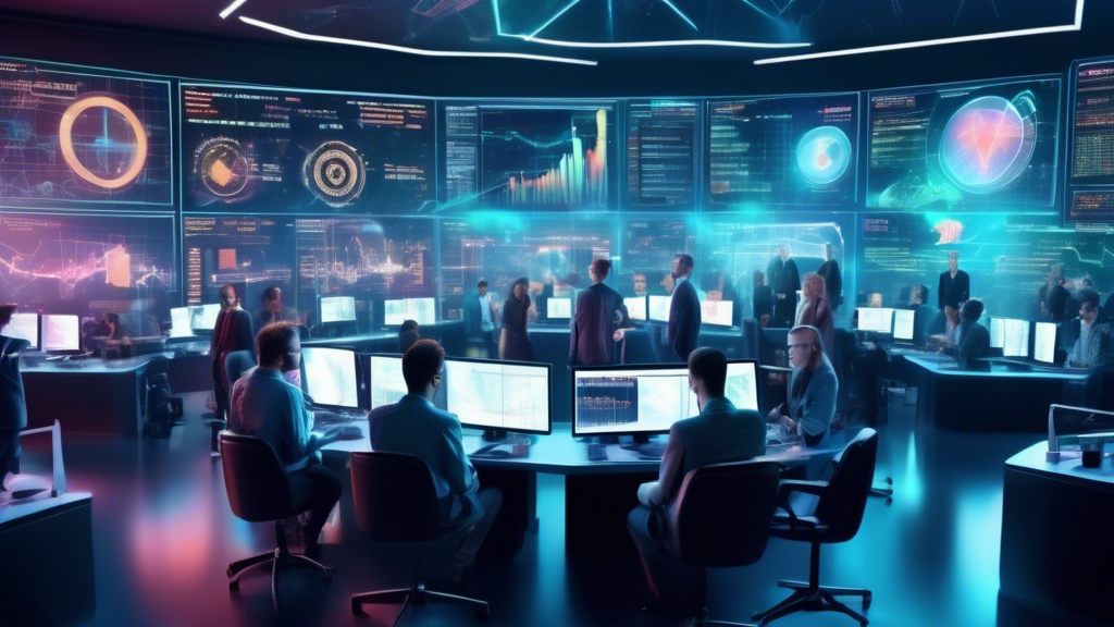 Create an image of a futuristic stock market trading room filled with high-tech holographic screens displaying various cryptocurrency charts and data analy