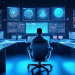 Create an illustration of a futuristic control room filled with holographic screens displaying various cryptocurrency trading charts and graphs. In the cen