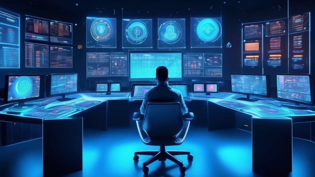 Create an illustration of a futuristic control room filled with holographic screens displaying various cryptocurrency trading charts and graphs. In the cen